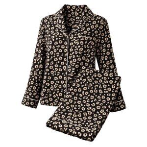 Kate Spade 2pc Pajama Set Long Sleeve Notch Collar Black Print Size M